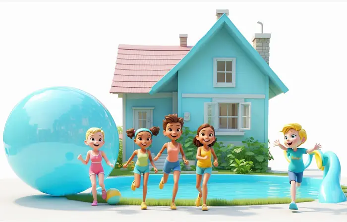 Kids Playing Around the Swimming Pool Funny 3D Cartoon Illustration